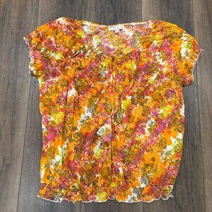 French Laundry Womens Floral Blouse 14/16 Vivid Orange Pink  Smocked Hem Abstrac